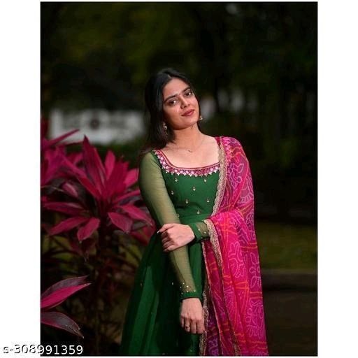 Women’s Solid Georgette Gown Kurta with Dupatta – Long Ethnic Kurti Dress Set for All Occasions