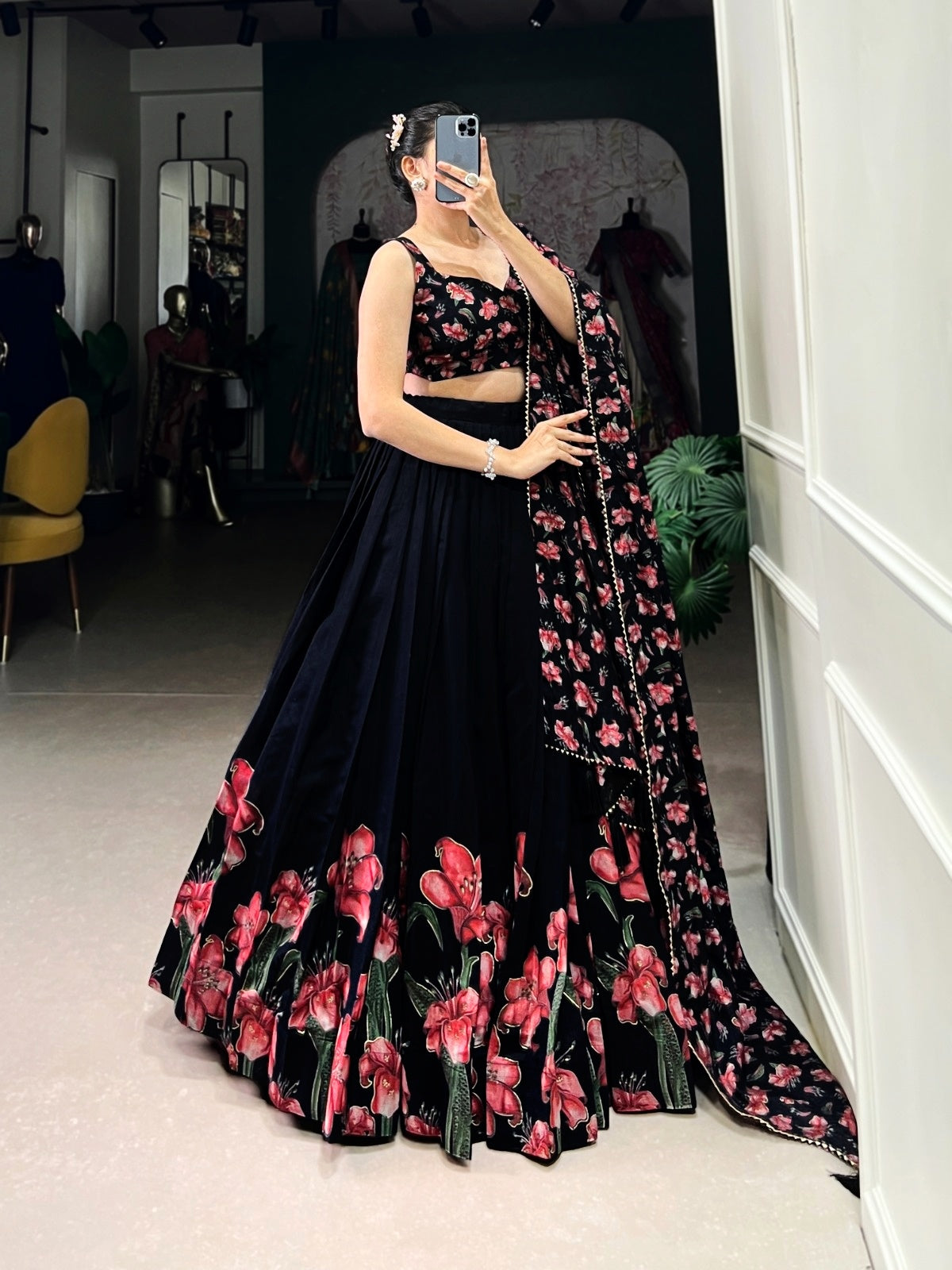 Women’s Dola Silk Floral Print Foil Work Lehenga Choli with Dupatta | Wedding & Party Wear Ethnic Set