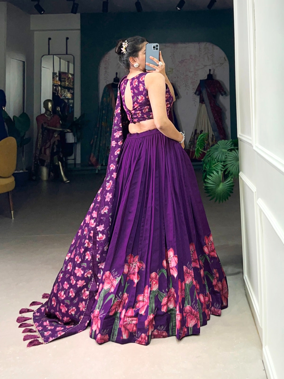 Women’s Dola Silk Floral Print Foil Work Lehenga Choli with Dupatta | Wedding, Party & Festive Wear