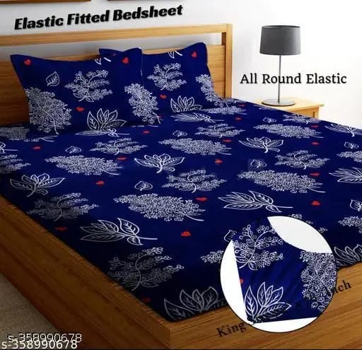 Super Soft Glace Cotton Elastic Fitted Double Bed Bedsheet with 2 Pillow Covers – 72x78x8, Durable & Easy Wash