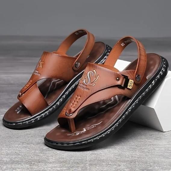 Men’s Casual PU Leather Sandals – Black/Brown Comfortable Dailywear with Synthetic Sole