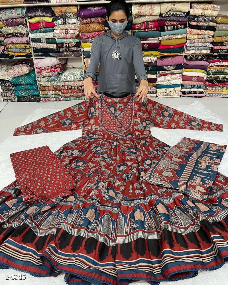 Beautiful Anarkali Kurta Set – Ajrakh Print | Pink City Collection