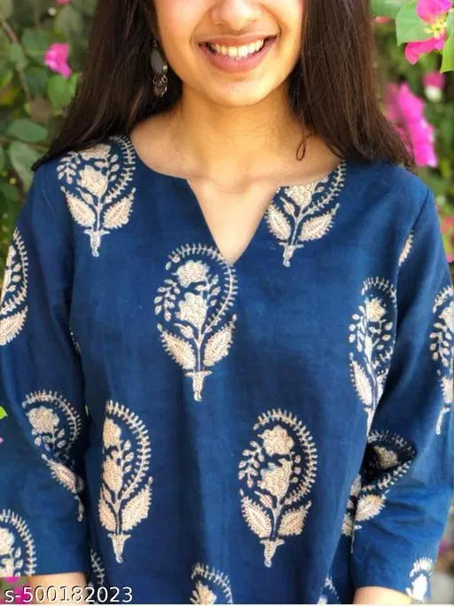 Women’s Blue Block Print Rayon Kurti | Stylish Casual & Ethnic Wear