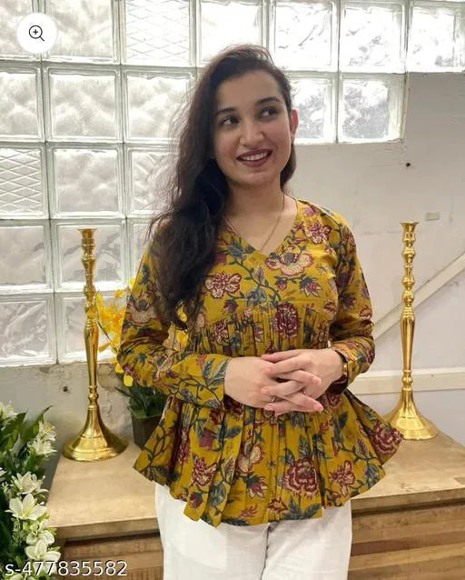 Women’s Mustard Yellow Floral Rayon Top | V-Neck, Full Sleeve, Casual & Office Wear