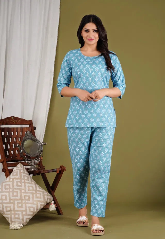 Women’s Printed Cotton Blend Co-Ord Set | Stylish Top & Pyjama with 3/4 Sleeves