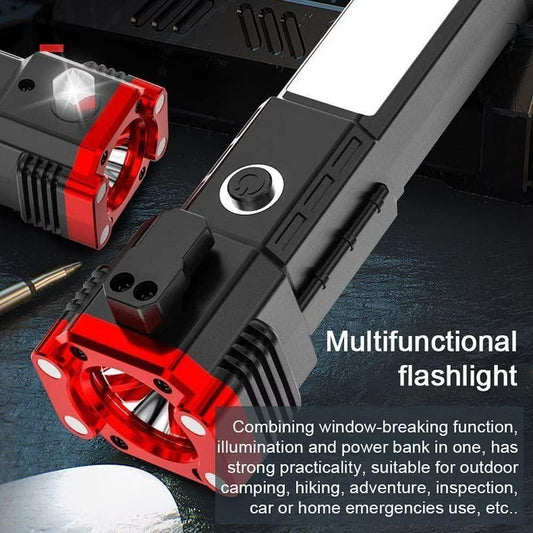 8 in 1 Portable Rechargeable Torch LED Flashlight – Safety Hammer, Cutter, Power Bank & Emergency Tool