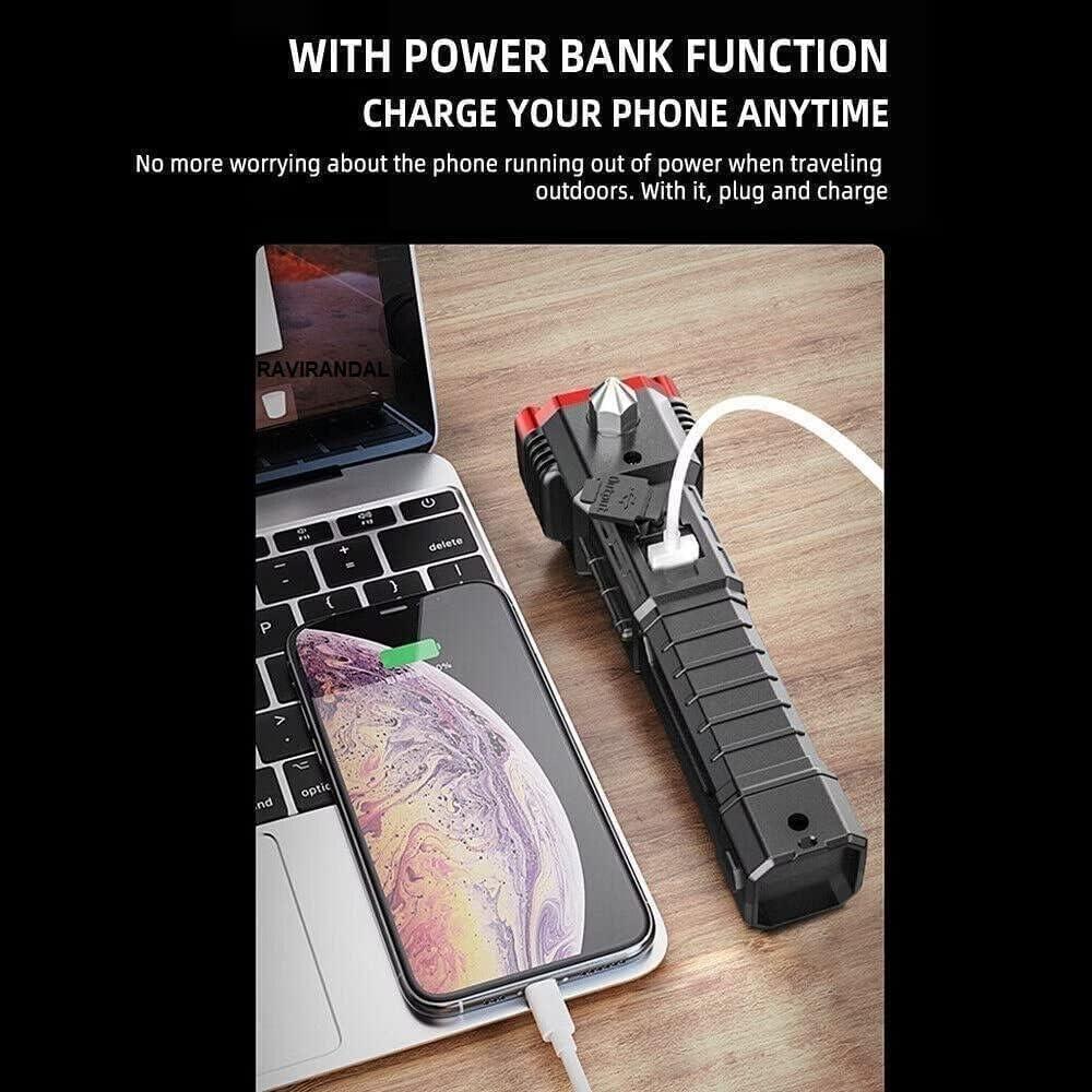 8 in 1 Portable Rechargeable Torch LED Flashlight – Safety Hammer, Cutter, Power Bank & Emergency Tool