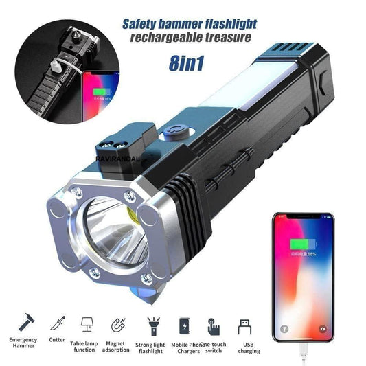8 in 1 Portable Rechargeable Torch LED Flashlight – Safety Hammer, Cutter, Power Bank & Emergency Tool