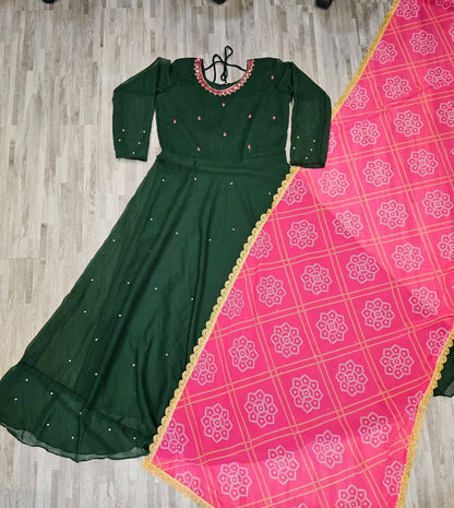 Women’s Solid Georgette Gown Kurta with Dupatta – Long Ethnic Kurti Dress Set for All Occasions