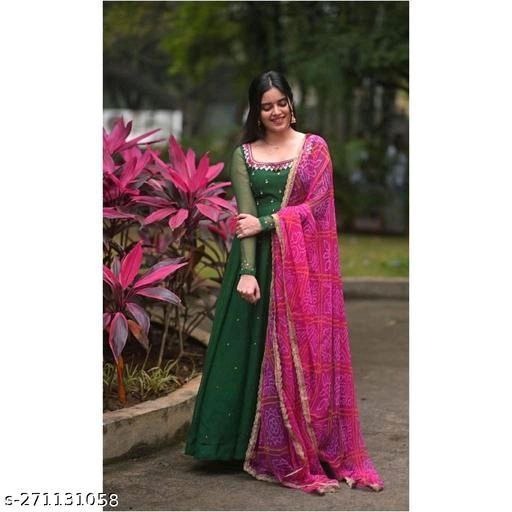 Women’s Solid Georgette Gown Kurta with Dupatta – Long Ethnic Kurti Dress Set for All Occasions