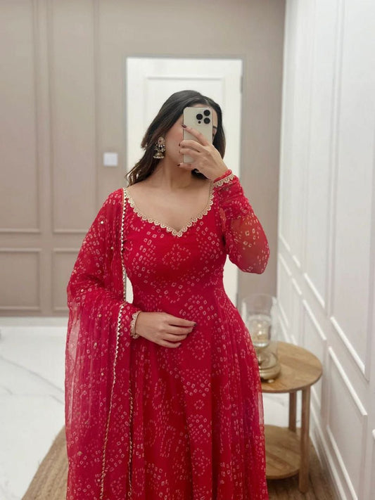 Women’s Red Bandhani Style Gown – Elegant Ethnic Wear for Parties & Festive Occasions