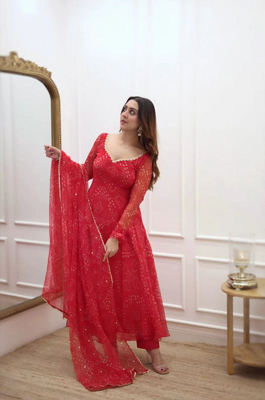 Women’s Red Bandhani Style Gown – Elegant Ethnic Wear for Parties & Festive Occasions