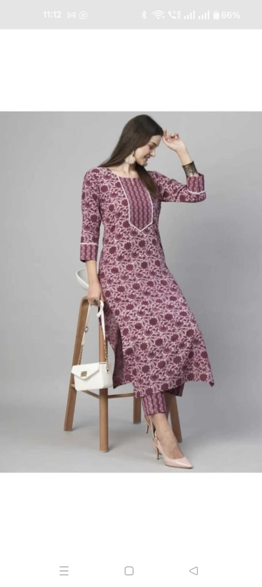 Women’s Floral Printed Cotton Kurta with Pant – 2 Piece Ethnic Wear Set