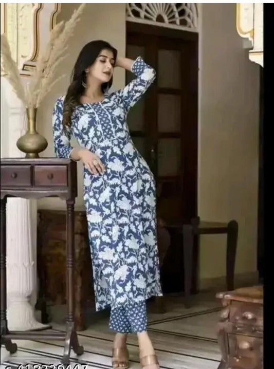 Women’s Floral Kurta Set – Round Neck, Stylish Ethnic Wear Without Dupatta