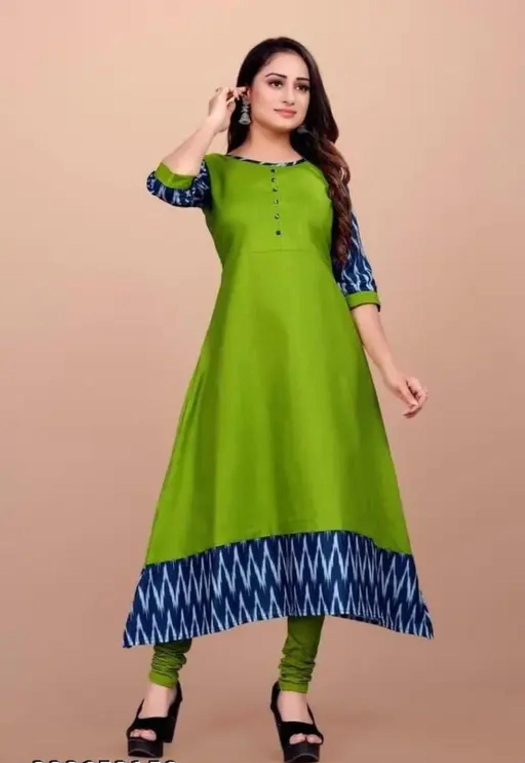 Women’s Cotton Calf-Length Gown – Round Neck, 3/4 Sleeve Casual & Festive Wear Dress