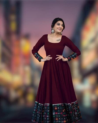 Women’s Maroon Rayon Maxi Gown – Full Sleeve Casual & Festive Wear Dress
