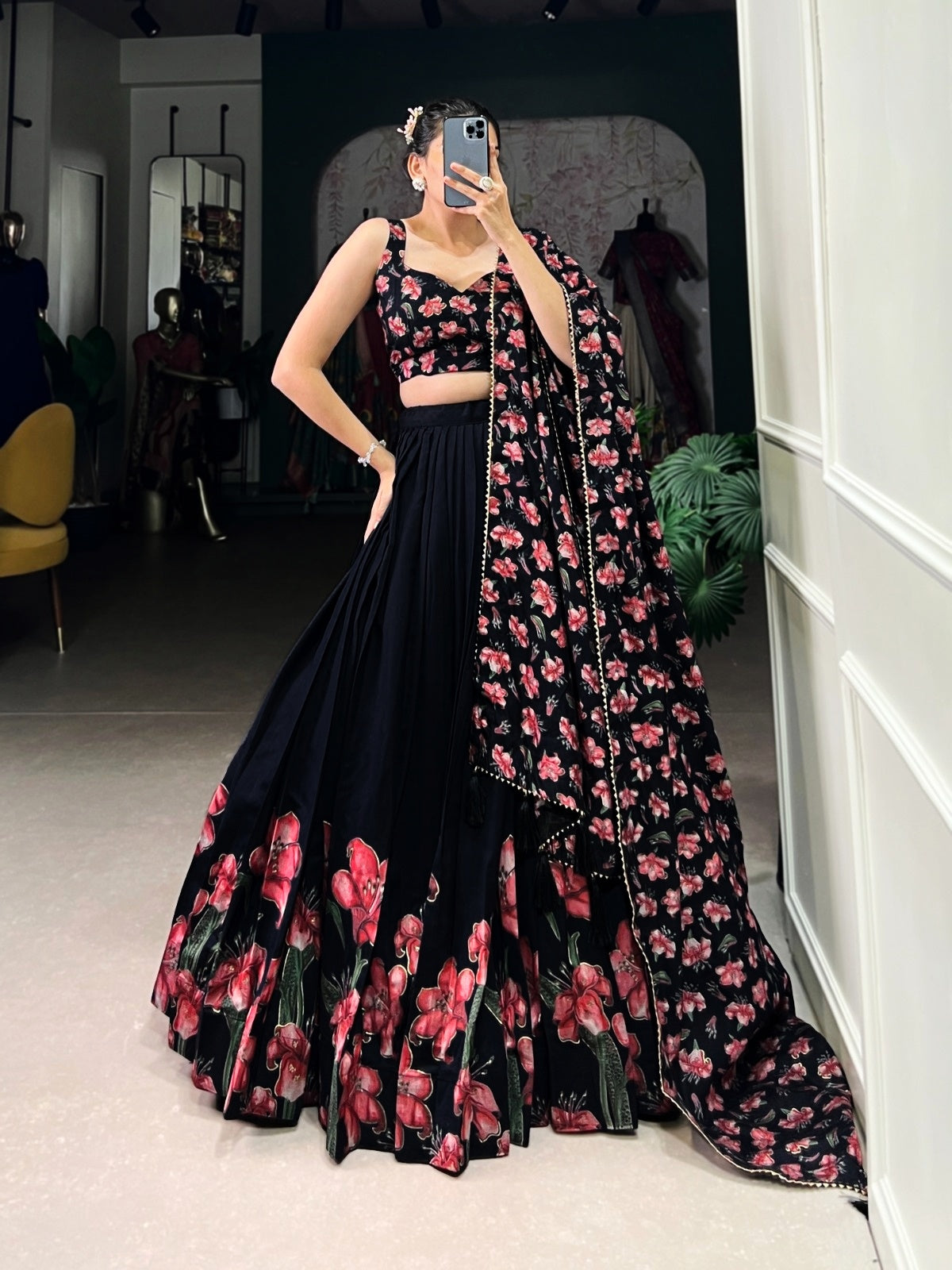 Women’s Dola Silk Floral Print Foil Work Lehenga Choli with Dupatta | Wedding & Party Wear Ethnic Set