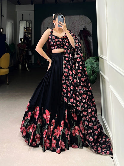 Women’s Dola Silk Floral Print Foil Work Lehenga Choli with Dupatta | Wedding & Party Wear Ethnic Set