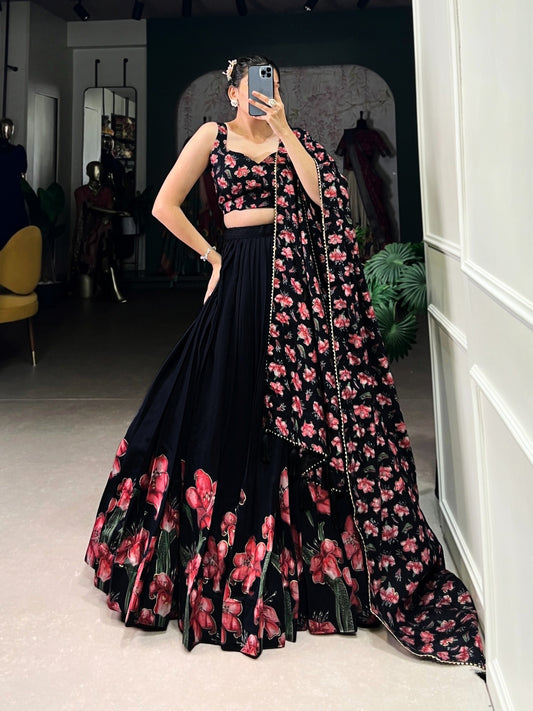 Women’s Dola Silk Floral Print Foil Work Lehenga Choli with Dupatta | Wedding & Party Wear Ethnic Set