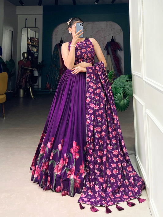 Women’s Dola Silk Floral Print Foil Work Lehenga Choli with Dupatta | Wedding, Party & Festive Wear