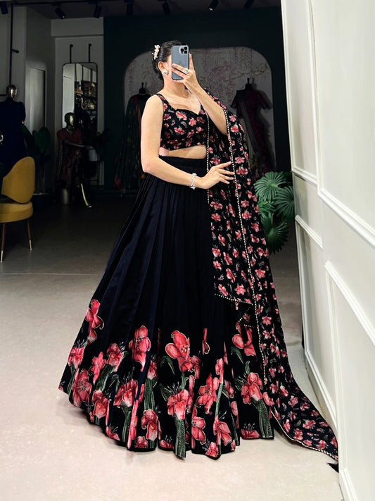Women’s Dola Silk Floral Print Foil Work Lehenga Choli with Dupatta | Wedding & Party Wear Ethnic Set