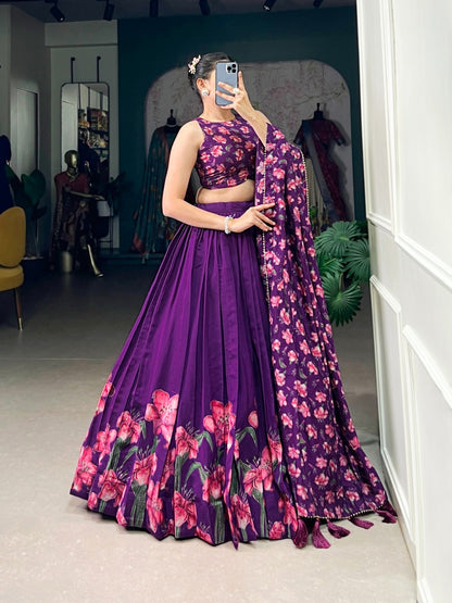 Women’s Dola Silk Floral Print Foil Work Lehenga Choli with Dupatta | Wedding, Party & Festive Wear