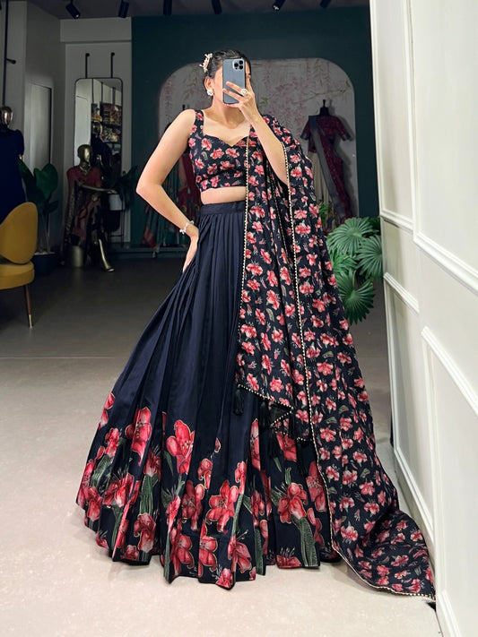 Women’s Dola Silk Floral Foil Print Lehenga Choli with Dupatta | Wedding, Party & Festive Wear