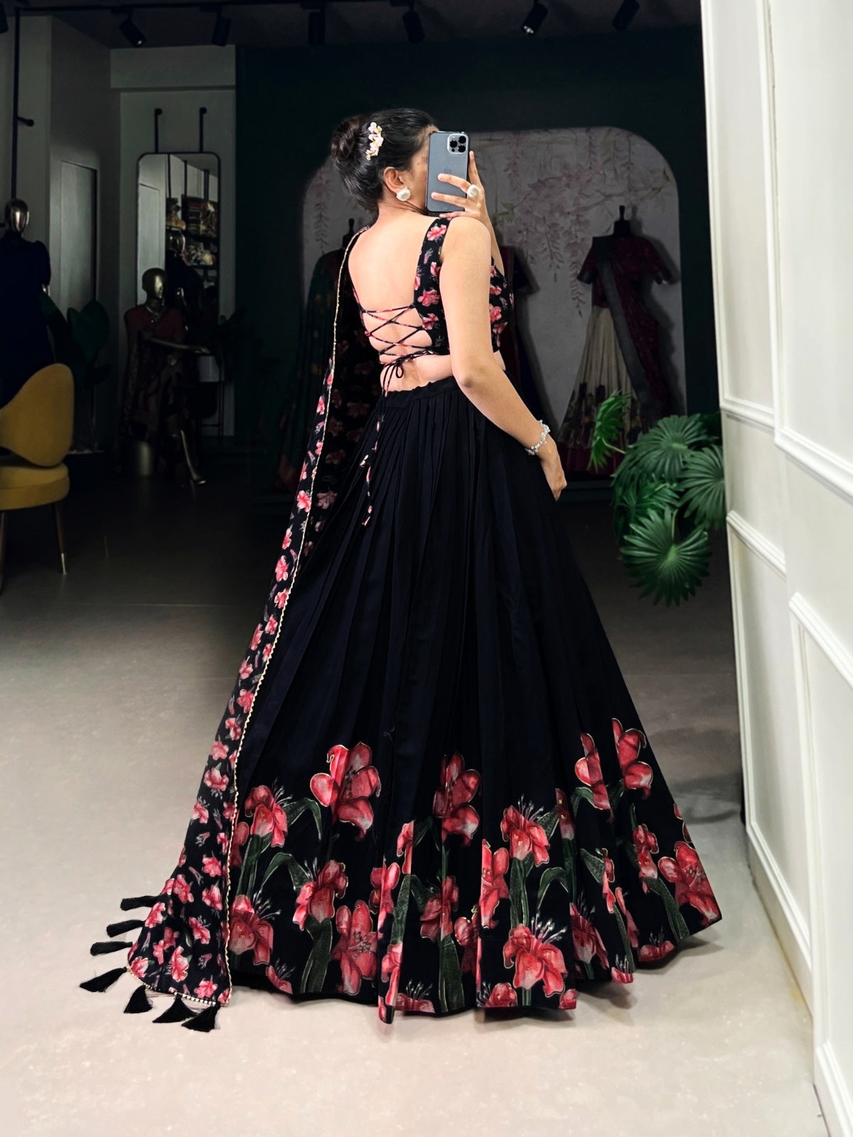 Women’s Dola Silk Floral Print Foil Work Lehenga Choli with Dupatta | Wedding & Party Wear Ethnic Set