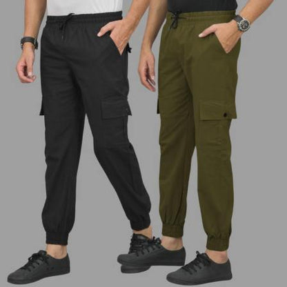 Men’s Cotton Satin Joggers with 5 Utility Pockets | Stylish & Comfortable Cargo Pants | Men Cargos Pack of 2