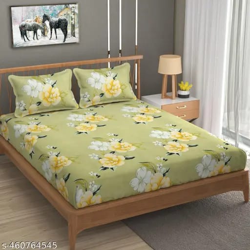 Super Soft Glace Cotton Elastic Fitted Double Bed Bedsheet with 2 Pillow Covers – 72x78x8, Durable & Easy Wash