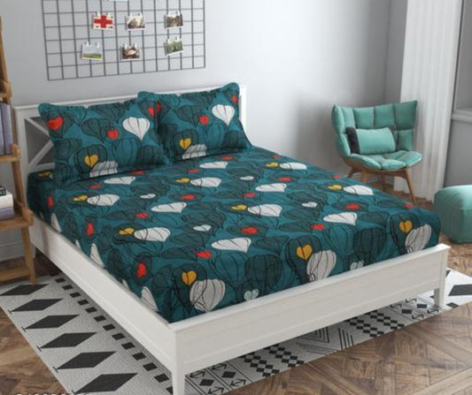 Super Soft Glace Cotton Elastic Fitted Double Bed Bedsheet with 2 Pillow Covers – 72x78x8, Durable & Easy Wash