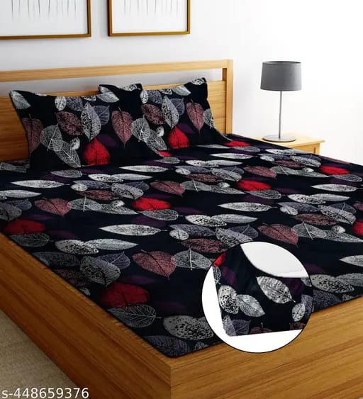 Super Soft Glace Cotton Elastic Fitted Double Bed Bedsheet with 2 Pillow Covers – 72x78x8, Durable & Easy Wash