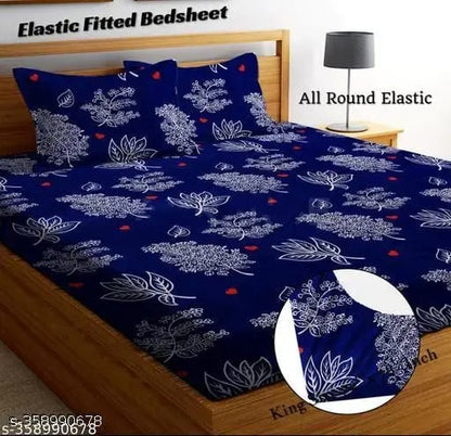 Super Soft Glace Cotton Elastic Fitted Double Bed Bedsheet with 2 Pillow Covers – 72x78x8, Durable & Easy Wash