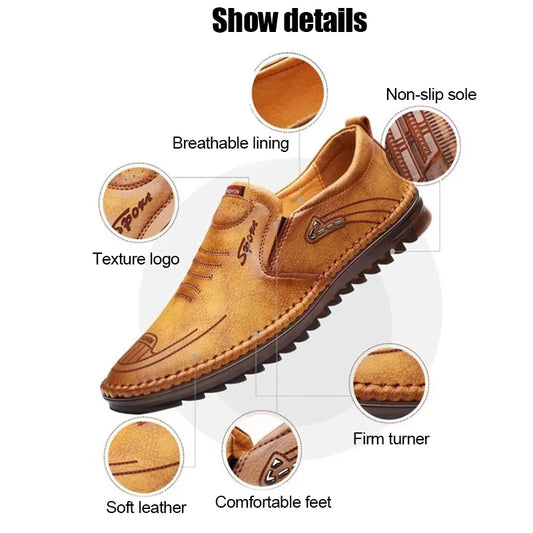 Men’s Beige Casual Leather Shoes – Flexible Design with Cushioned Foam Insole