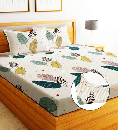 Super Soft Glace Cotton Elastic Fitted Double Bed Bedsheet with 2 Pillow Covers – 72x78x8, Durable & Easy Wash