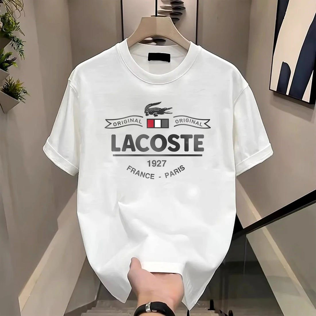 Men’s Lacoste T-Shirt | White Color | Bold Print Design | Soft & Breathable Cotton | Regular Fit Casual Wear