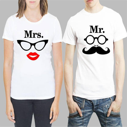 Cotton Blend Slogan Half Sleeves Couple T-Shirt – White