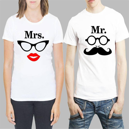 Cotton Blend Slogan Half Sleeves Couple T-Shirt – White