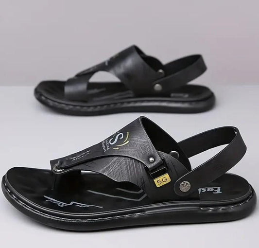 Men’s Casual PU Leather Sandals – Black/Brown Comfortable Dailywear with Synthetic Sole