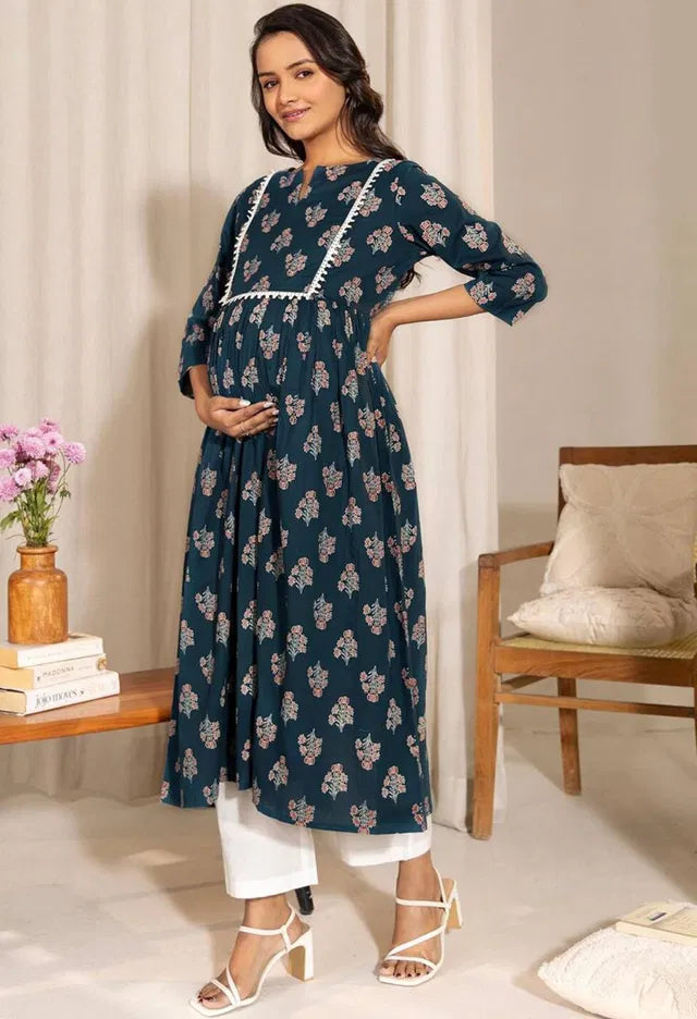 Women’s Teal Floral Printed A-Line Kurti | Knee Length, 3/4 Sleeves Casual & Ethnic Wear