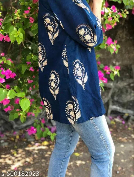 Women’s Blue Block Print Rayon Kurti | Stylish Casual & Ethnic Wear