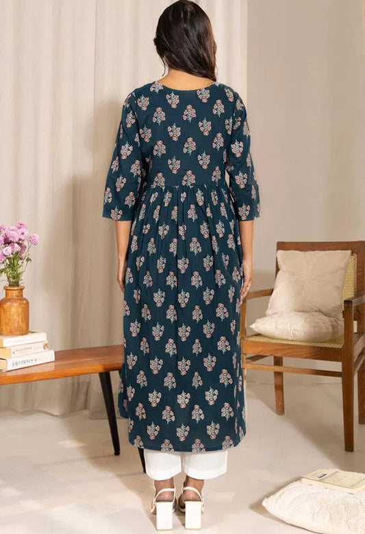 Women’s Teal Floral Printed A-Line Kurti | Knee Length, 3/4 Sleeves Casual & Ethnic Wear