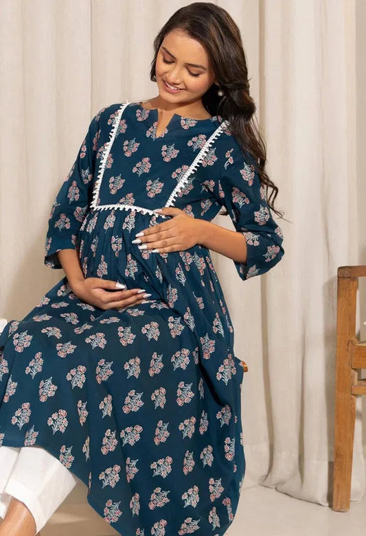 Women’s Teal Floral Printed A-Line Kurti | Knee Length, 3/4 Sleeves Casual & Ethnic Wear