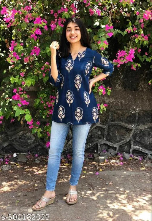 Women’s Blue Block Print Rayon Kurti | Stylish Casual & Ethnic Wear