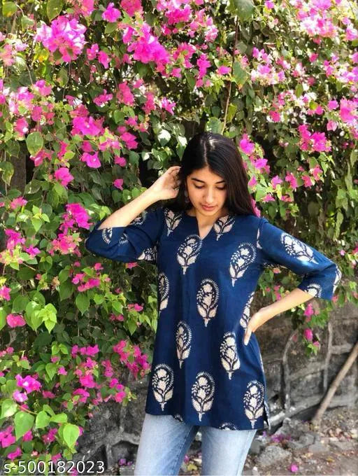 Women’s Blue Block Print Rayon Kurti | Stylish Casual & Ethnic Wear