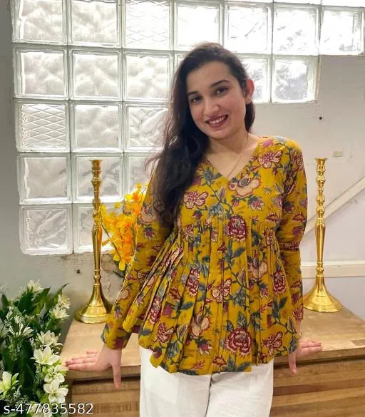 Women’s Mustard Yellow Floral Rayon Top | V-Neck, Full Sleeve, Casual & Office Wear