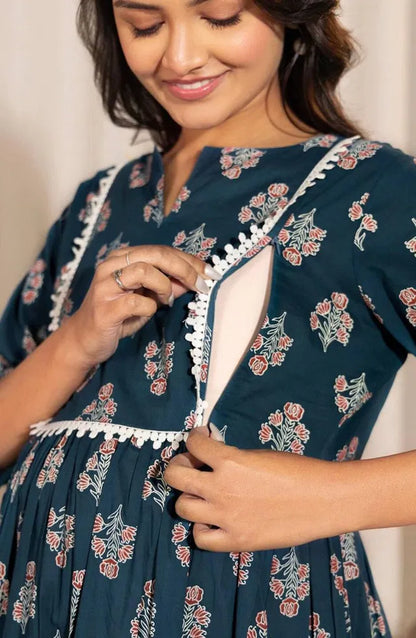 Women’s Teal Floral Printed A-Line Kurti | Knee Length, 3/4 Sleeves Casual & Ethnic Wear